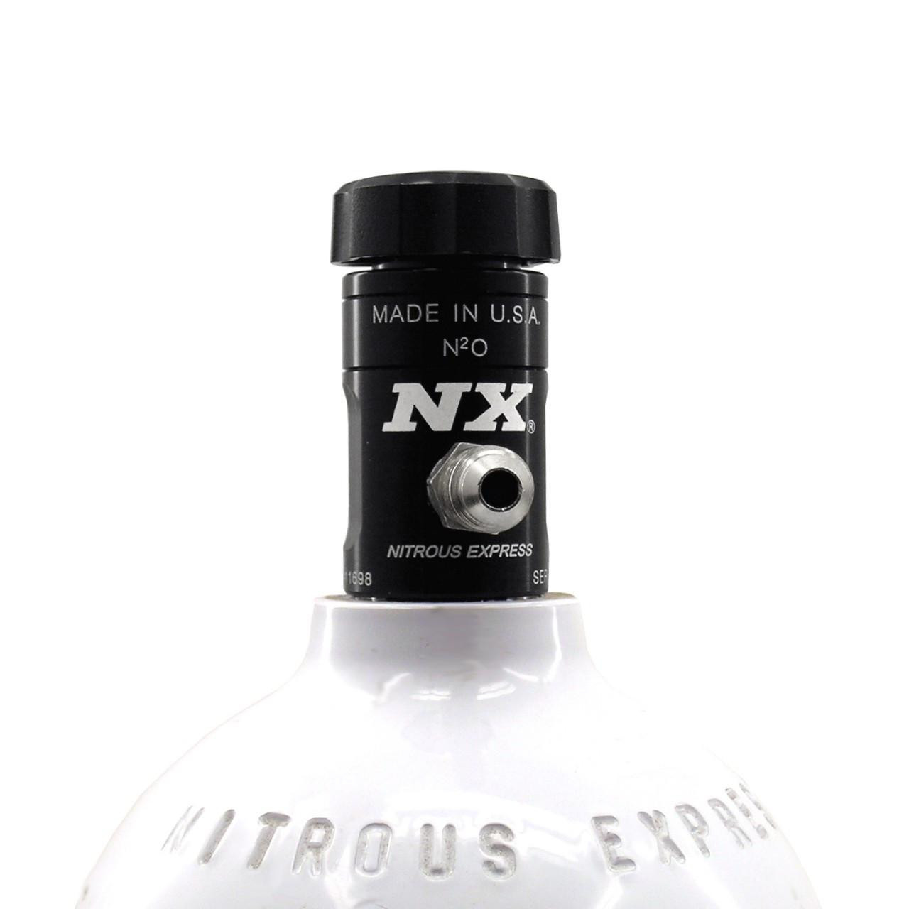 NX Nitrous Bottle Valve, black metal valve attached to a white nitrous oxide bottle.