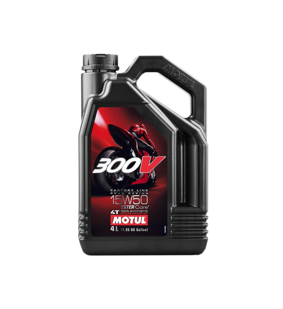 Motul 300V Synthetic Engine Oil, 4L black plastic container with red and black label featuring a motorcycle and racing graphics.