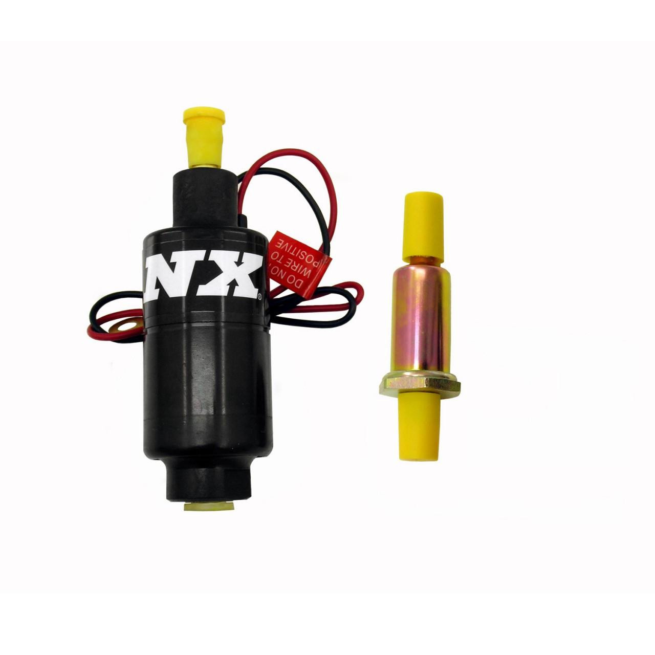 NX Fuel Pump, black cylindrical fuel pump with red and black wiring, featuring yellow nozzle caps and a red warning label.
