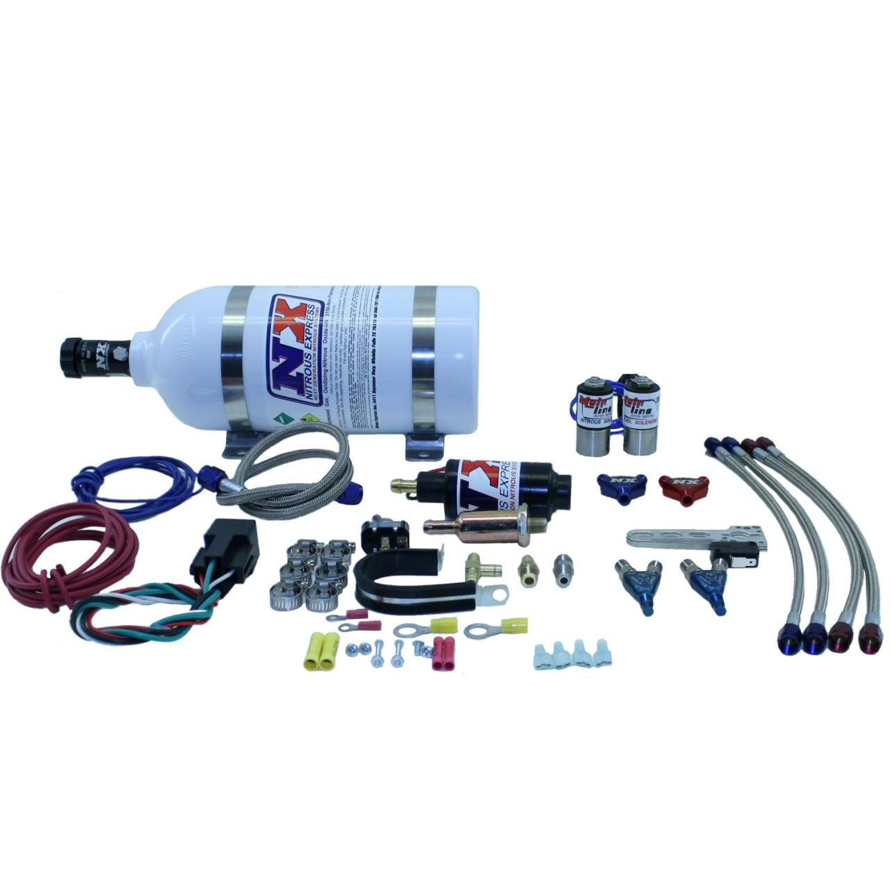 NX Two Cylinder Mainline Wet Nitrous Kit, automotive nitrous oxide injection system components including solenoids, hoses, nozzles, and wiring for enhanced vehicle performance.