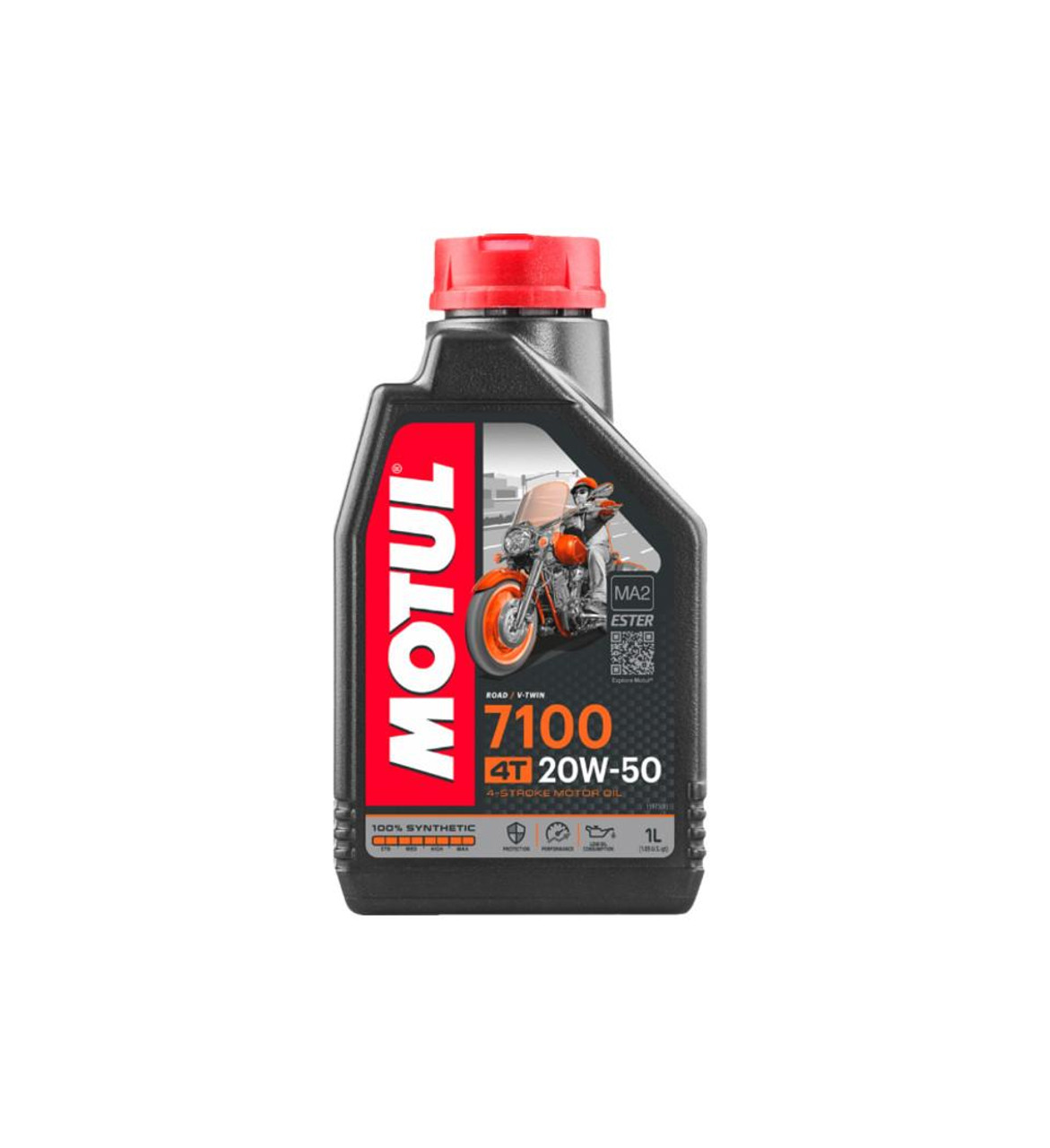 Motul 7100 Synthetic Engine Oil, 1-liter bottle with red cap and black label featuring an orange motorcycle illustration.