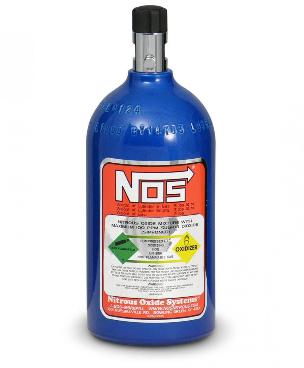 NOS Nitrous Bottle, blue steel nitrous oxide container with a black valve and label providing product details and safety warnings.