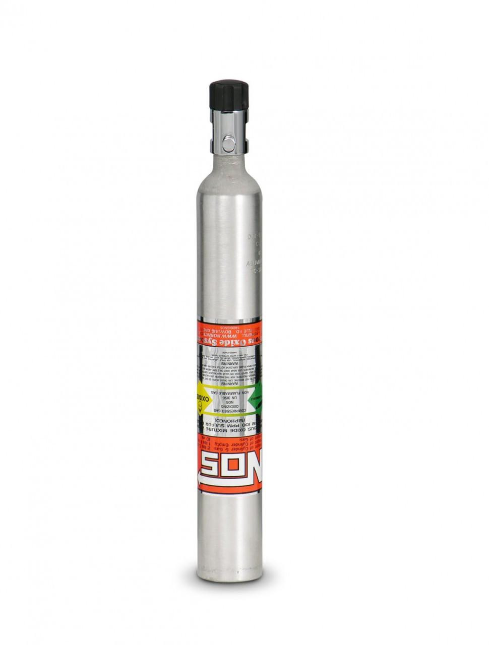 NOS Nitrous Bottle, high-pressure stainless steel nitrous oxide canister with black valve cap for automotive performance use.
