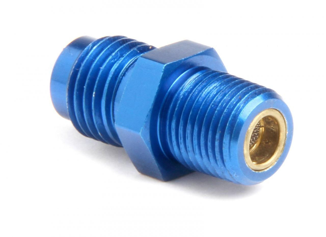 NOS Nitrous Filter 1/8" NPT x -4AN, blue metal nitrous oxide filter fitting with threaded ends for high-performance racing applications.