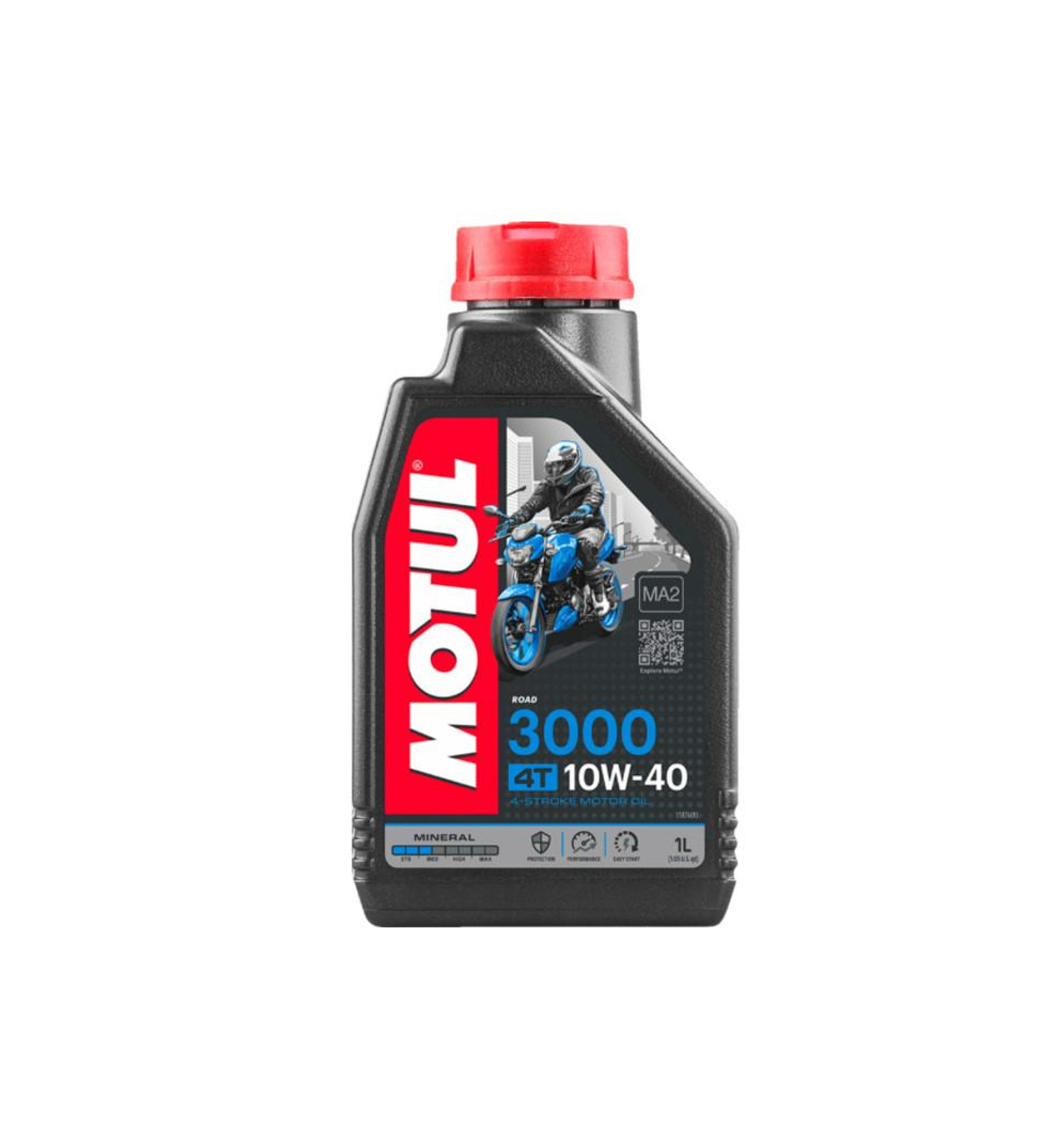 Motul 3000 Engine Oil, 1L bottle with a black and red label featuring a motorcycle rider illustration.