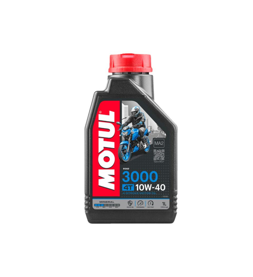 Motul 3000 Engine Oil, 1L bottle with a black and red label featuring a motorcycle rider illustration.