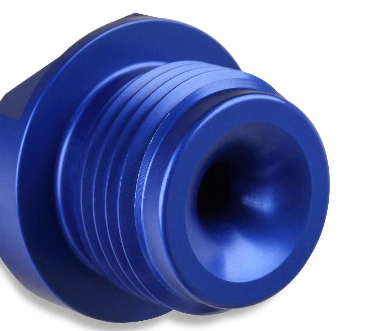 NOS In-Line Hi-Flow Nitrous Filter, 4an, Blue, close-up view of the blue inline nitrous fuel filter with threaded connections for high-performance automotive nitrous systems.