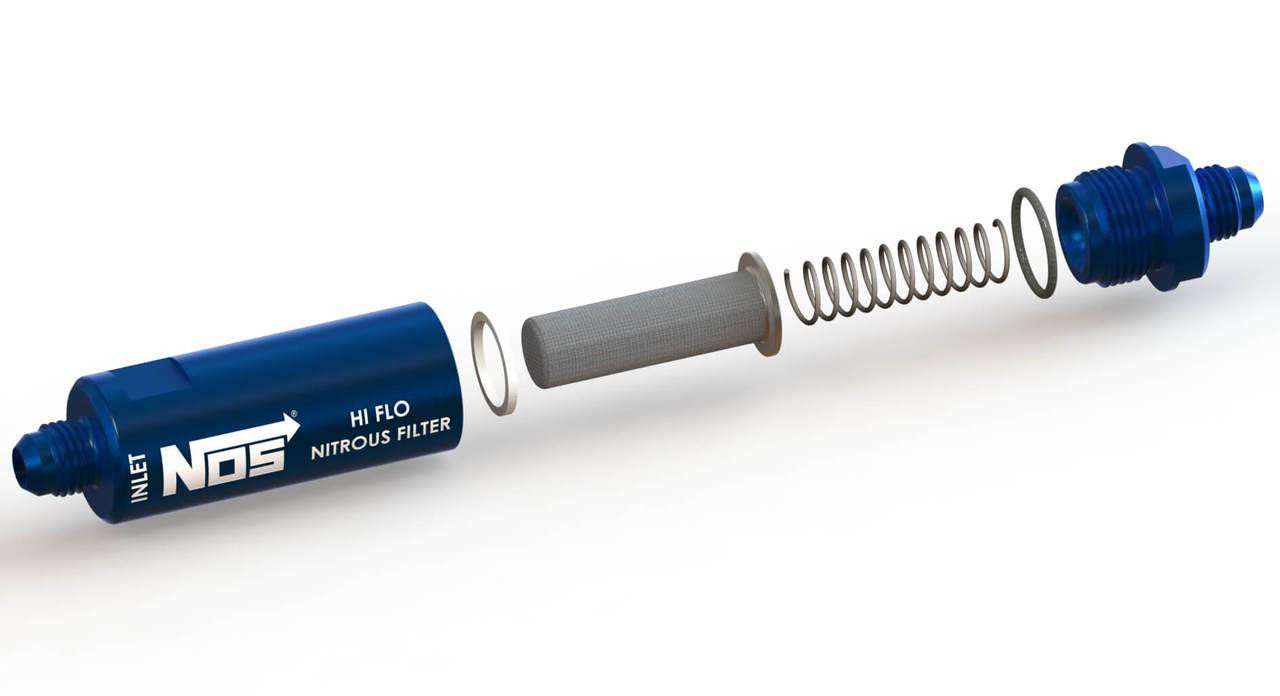 NOS In-Line Hi-Flow Nitrous Filter, 4an, Blue - exploded view of the nitrous filter showing internal components and blue anodized exterior. NOS In-Line Hi-Flow Nitrous Filter, 4an, Blue - exploded view of the nitrous filter showing internal components and blue anodized exterior.
