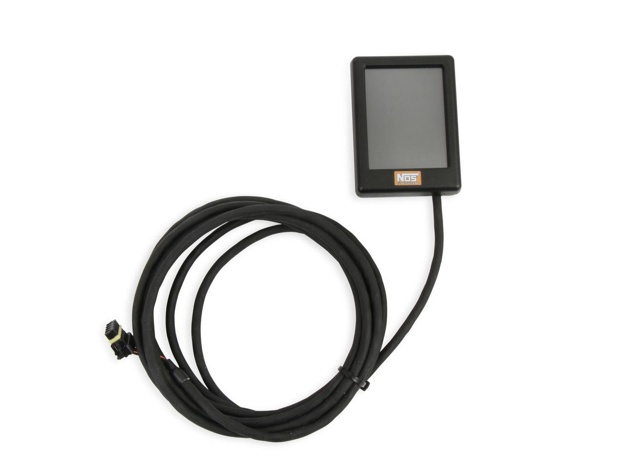 NOS 2 Stage Mini Nitrous Controller, compact black electronic device with display screen and connected wiring for car performance enhancement.