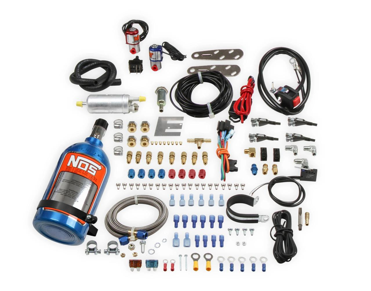 NOS Four Cylinder Wet Nitrous Kit, a comprehensive collection of components including bottles, hoses, fittings, solenoids, wiring, and mounting hardware for installing a wet nitrous system in a vehicle.