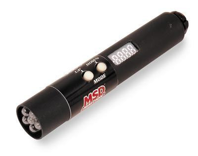 MSD Compact LED Shift Light, cylindrical black device with LED display and control buttons for engine RPM indication.