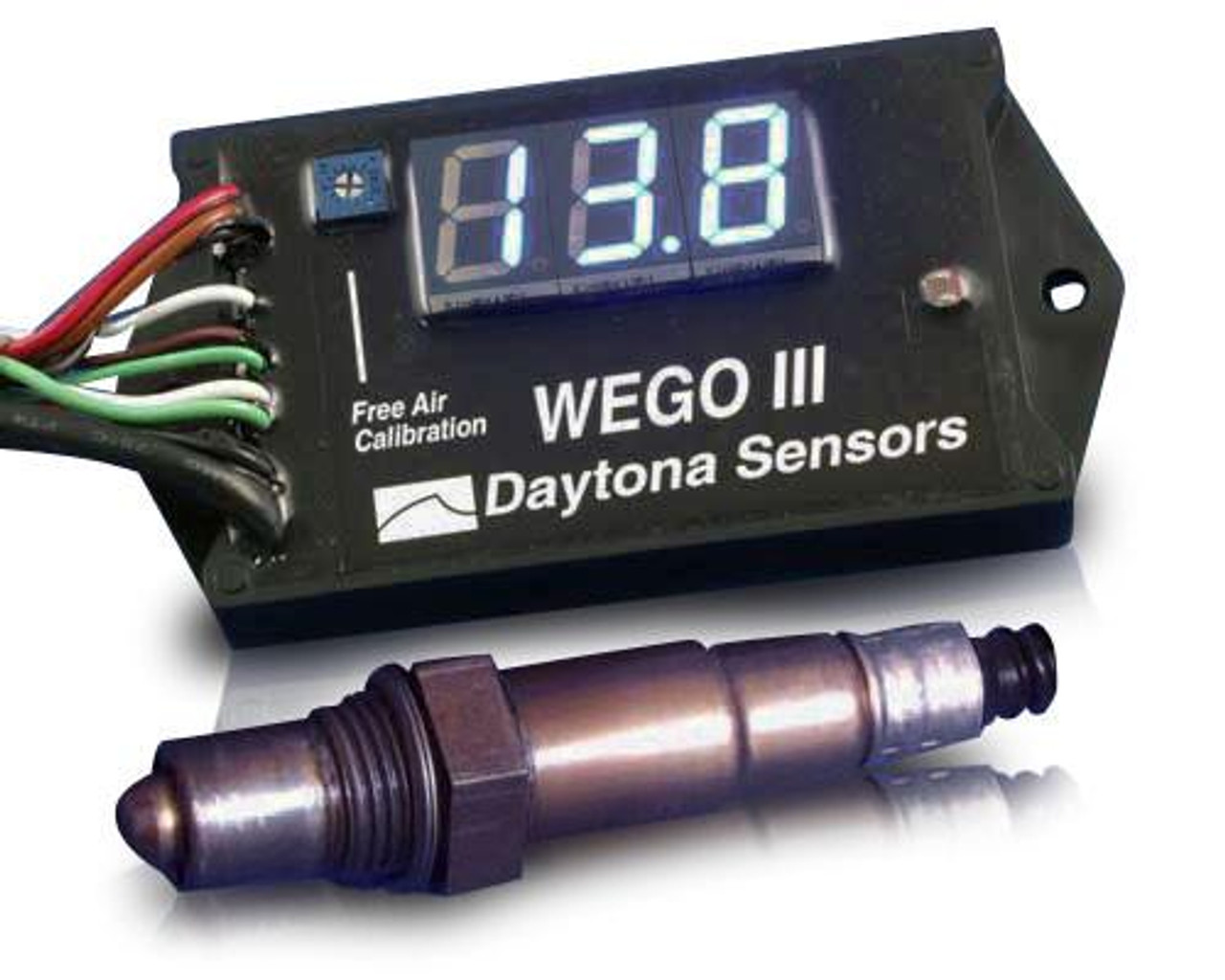 Daytona Sensors Wego III Air Fuel Ratio Metering System, digital display unit showing a reading of 43.8 and a sensor component for measuring air-fuel ratio. Daytona Sensors Wego III Air Fuel Ratio Metering System, digital display unit showing a reading of 43.8 and a sensor component for measuring air-fuel ratio.