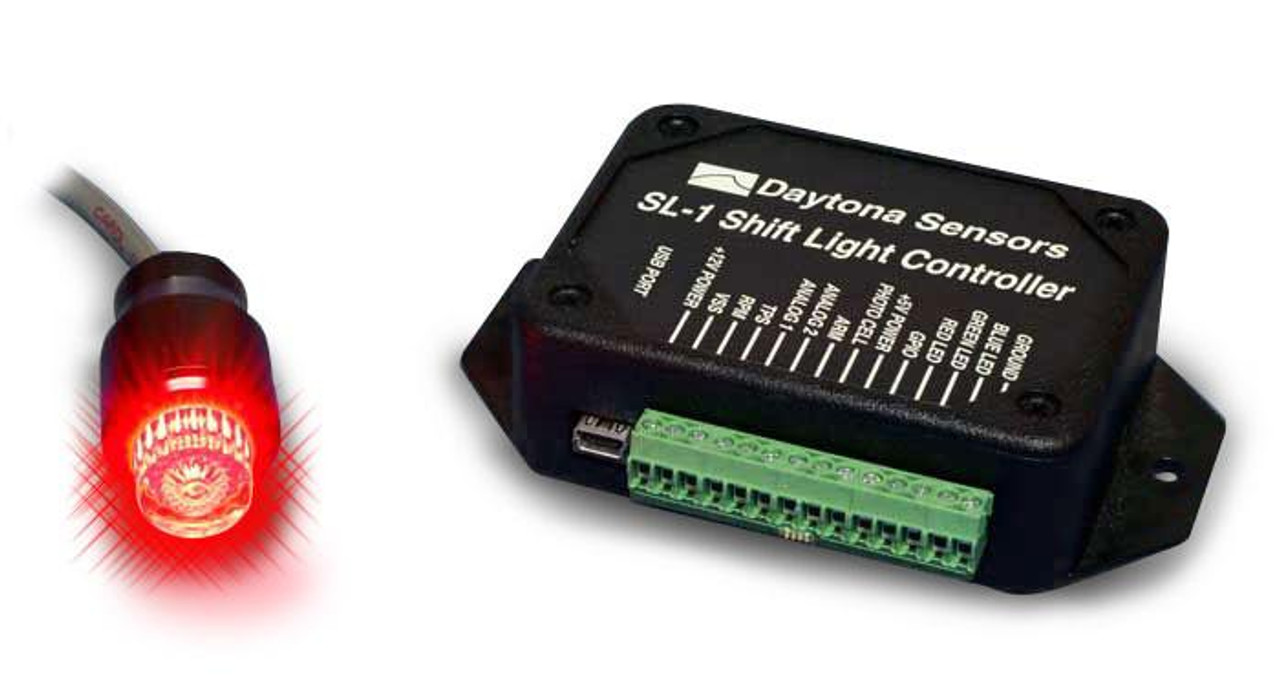 Daytona Sensors Shift Light and Vehicle Data Logger, black control module with green connection terminals and a red illuminated shift light indicator