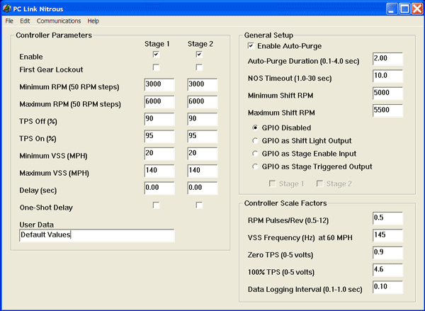 Product Daytona Sensors NC-2 Progressive Nitrous and Data Logger, close-up of the configuration interface showing controller parameters and general setup settings.