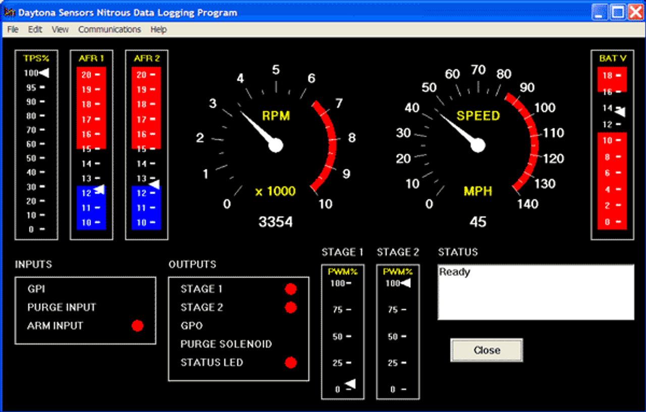 Daytona Sensors NC-2 Progressive Nitrous and Data Logger, digital monitoring device displaying RPM, speed, warnings, inputs, and outputs on a black background. Daytona Sensors NC-2 Progressive Nitrous and Data Logger, digital monitoring device displaying RPM, speed, warnings, inputs, and outputs on a black background.