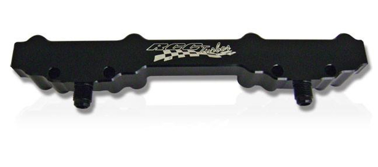 RCC Billet Fuel Rail Suzuki Hayabusa (08-20), black aluminum fuel rail with mounting holes and fittings for high-performance motorcycle fuel system.