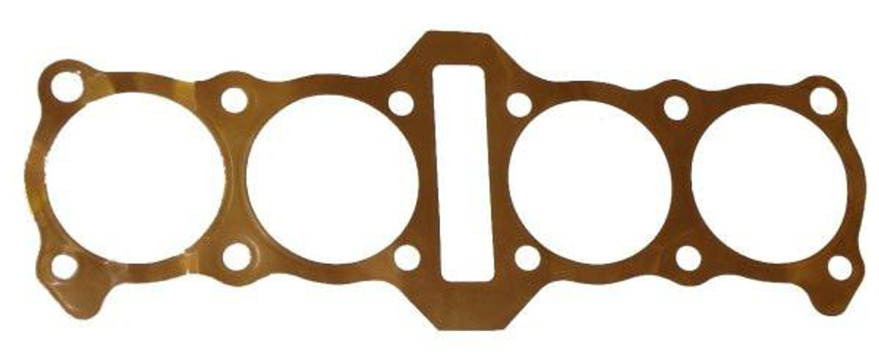Cometic Base Gasket Kawasaki KZ900-KZ1000-GPz1100, image of a metallic engine gasket with round and rectangular cutouts for engine sealing.