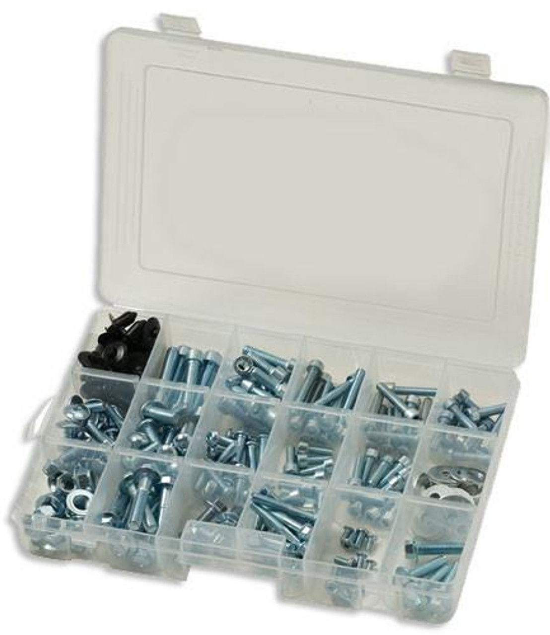 Schnitz Racing Schnitz 225 Piece Sportbike Bolt Kit, organized set of stainless steel bolts, screws, and fasteners in a clear plastic storage case. Schnitz Racing Schnitz 225 Piece Sportbike Bolt Kit, organized set of stainless steel bolts, screws, and fasteners in a clear plastic storage case.