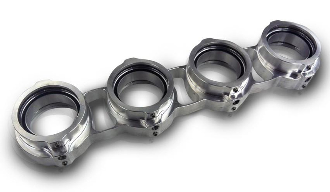 Schnitz Racing Schnitz Nitrous Intake Manifold Suzuki Hayabusa (99-21), metallic silver motorcycle intake manifold with four circular openings for enhanced nitrous performance. Schnitz Racing Schnitz Nitrous Intake Manifold Suzuki Hayabusa (99-21), metallic silver motorcycle intake manifold with four circular openings for enhanced nitrous performance.