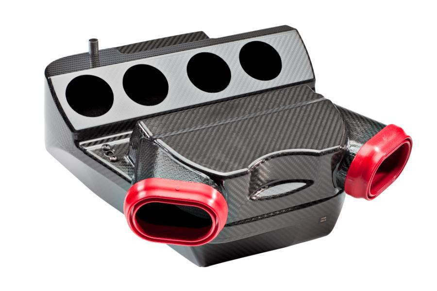 Montgomery Motorsports Carbon Fiber Airbox Suzuki Hayabusa (08-21), high-performance motorcycle airbox with carbon fiber construction and red intake openings for enhanced airflow.
