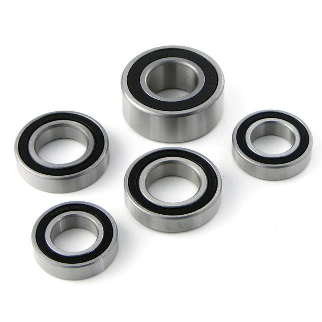 World Wide Bearings WWB Ceramic Wheel Bearing Kit for Yamaha YZF-R6 (03-24), showing five high-performance ceramic wheel bearings on a white background. World Wide Bearings WWB Ceramic Wheel Bearing Kit for Yamaha YZF-R6 (03-24), showing five high-performance ceramic wheel bearings on a white background.