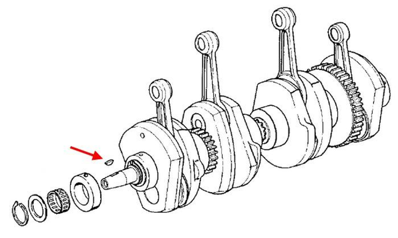Kawasaki OEM Crankshaft Key KZ900-KZ1000, technical diagram showing the crankshaft key and related components in an engine assembly. Kawasaki OEM Crankshaft Key KZ900-KZ1000, technical diagram showing the crankshaft key and related components in an engine assembly.