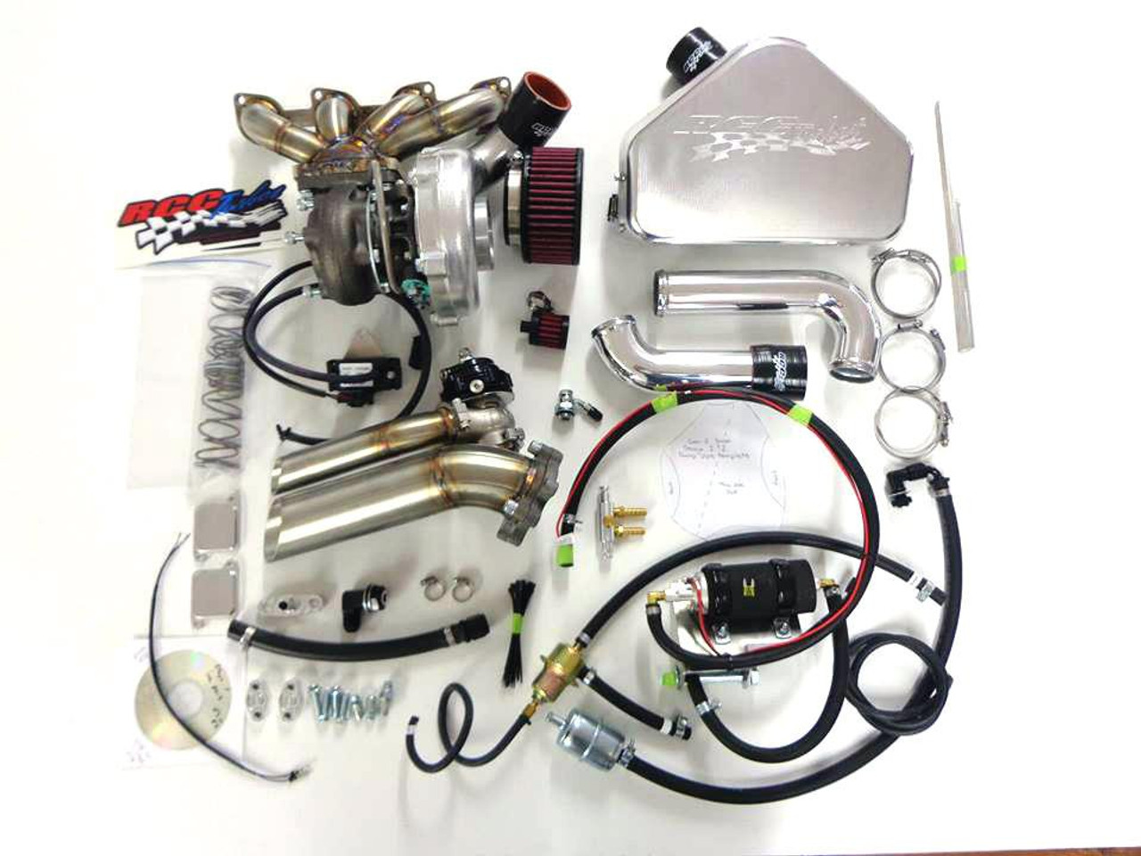 RCC Turbo Kit Stage 1 Suzuki Hayabusa (08-20), turbocharged motorcycle parts including turbocharger, intercooler, piping, hoses, clamps, and sensors for engine performance upgrade.
