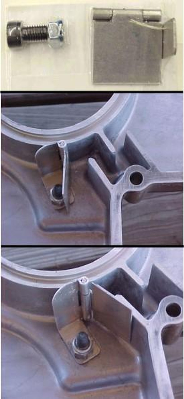 MTC Oil Pan Gate Kawasaki KZ900-KZ1000, close-up view of the oil pan gate assembly with bolt and metal component for motorcycle engine repair.