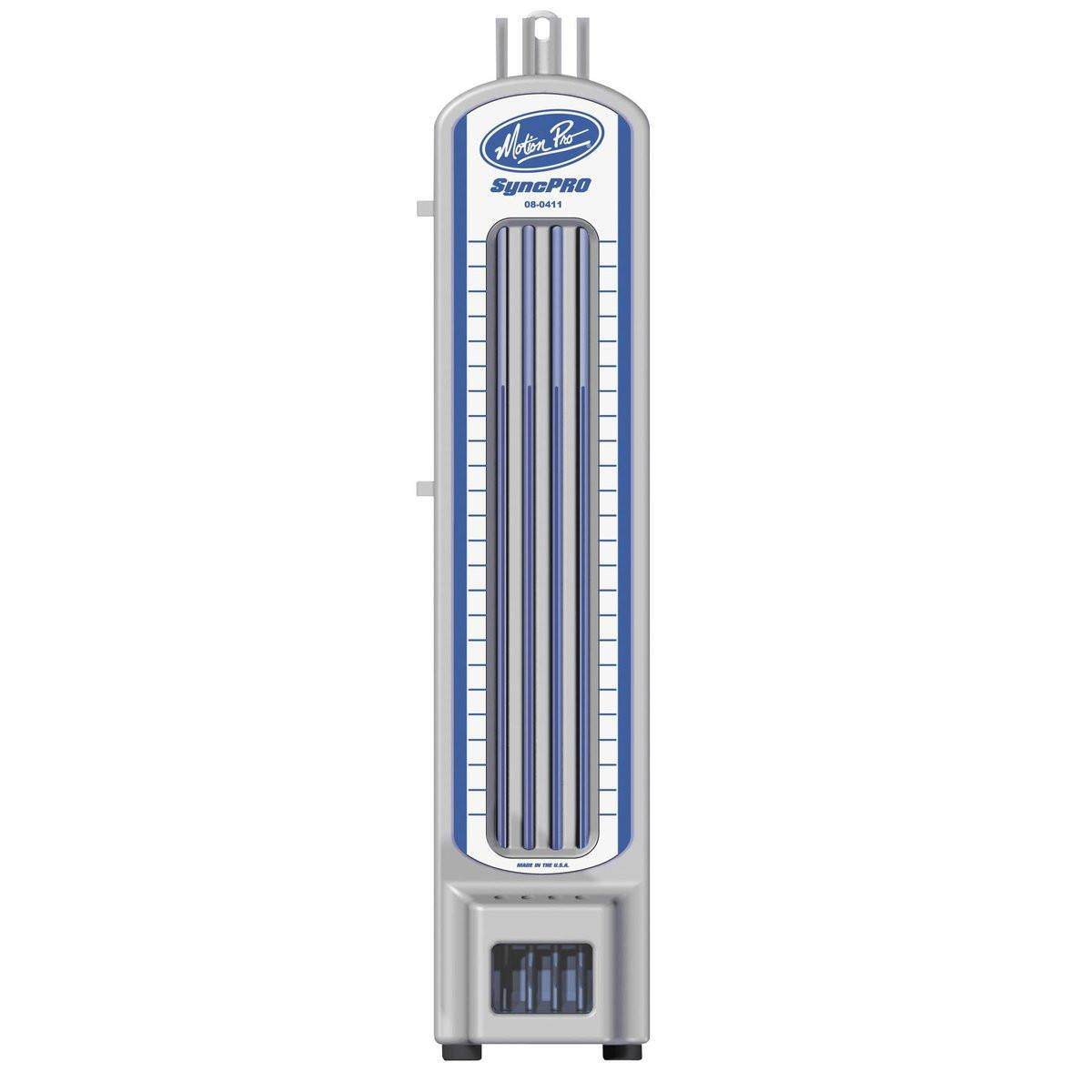 Motion Pro Carb/Throttlebody Sync Tool, a handheld device with vertical columns of transparent tubes used for synchronizing carburetors or throttle bodies in motorcycles.