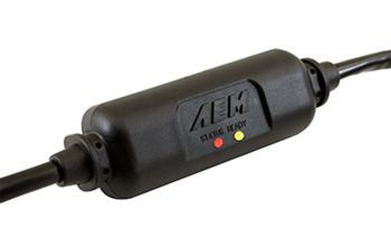 AEM Wideband Inline UEGO Air Fuel Ratio Controller, close-up of the black inline sensor with wiring and LED indicators.