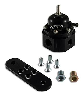 AEM Adjustable Fuel Pressure Regulator, black metal component with adjustment knob and mounting hardware.