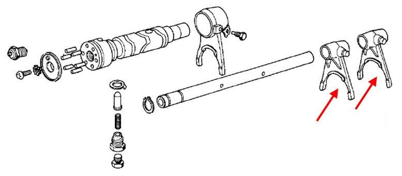 Kawasaki OEM Small Shift Fork KZ900-KZ1000, exploded view of motorcycle transmission component with detailed diagram of shift forks and associated parts. Kawasaki OEM Small Shift Fork KZ900-KZ1000, exploded view of motorcycle transmission component with detailed diagram of shift forks and associated parts.