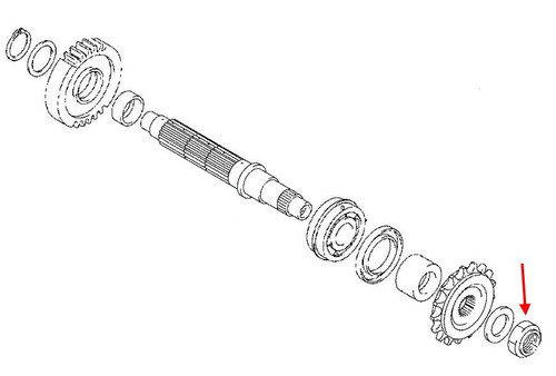Suzuki OEM Countershaft Nut GSX1000R-GS1100-GS1150-GSX1300R Hayabusa, technical diagram of motorcycle transmission parts with focus on the countershaft nut highlighted with a red arrow.