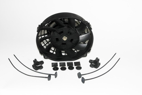 Schnitz Racing Schnitz Low Profile 7" Radiator Fan, a black automotive radiator cooling fan with mounting accessories and wiring clips.