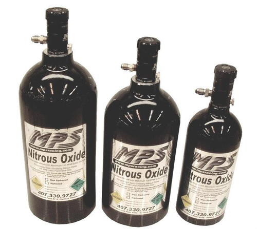 MPS Nitrous Bottles, Black, three bottles of nitrous oxide in varying sizes with black finish and white labels. Loading Image