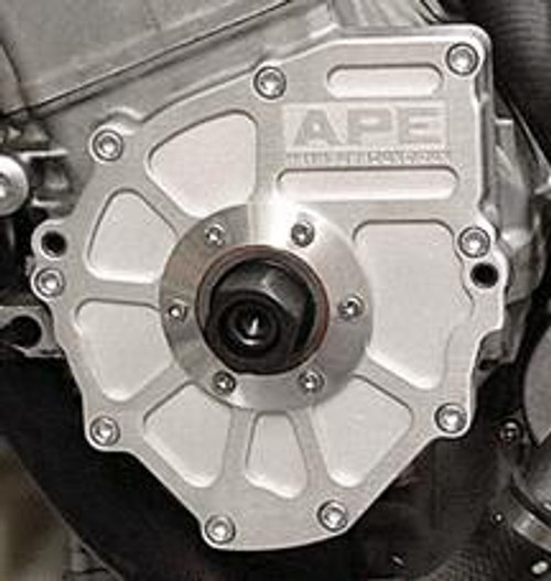 APE Billet Starter Plate Suzuki Hayabusa (99-26), metallic starter plate with detailed design mounted on motorcycle engine