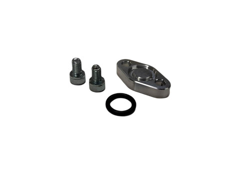 DME Oil Cooler Block Off Plate Suzuki Hayabusa (99-26), product image showing metal block off plate, two screws, and a black rubber gasket for motorcycle cooling system upgrade.