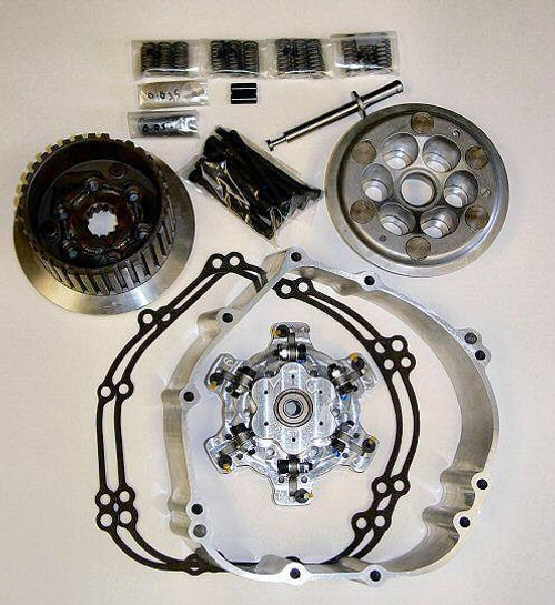 MTC Multistage Lock Up Clutch Kawasaki ZX12 (00-05), image showing motorcycle clutch parts including clutch basket, gasket, seals, springs, and other components. Loading Image