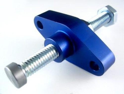 APE Manual Cam Chain Tensioner Suzuki GSXR750 (96-99) GSXR600 (97-00), blue metal component with threaded bolt and mounting holes for motorcycle engine timing adjustment. Loading Image