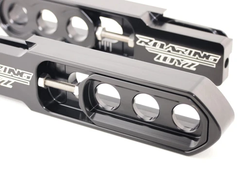 Roaring Toyz Bolt-On Swingarm Extensions for Kawasaki ZX14R, black anodized motorcycle parts with circular cutouts and mounting hardware.