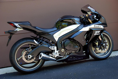 Brocks Performance Brocks Alien Head Full Exhaust 14" Muffler Suzuki GSXR1000 (09-16), motorcycle with custom black and white design, aerodynamic fairings, and performance exhaust system.