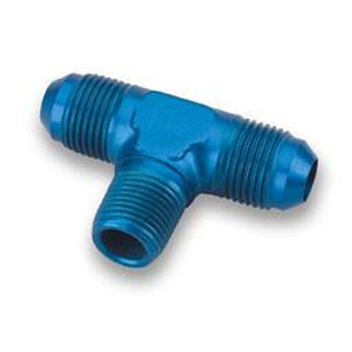 Schnitz Racing Schnitz Fitting Tee -4an Male x 1/8" NPT On Branch Blue, close-up of blue anodized aluminum T-shaped fitting with male AN-4 and 1/8" NPT threaded connections for automotive or performance applications. Loading Image