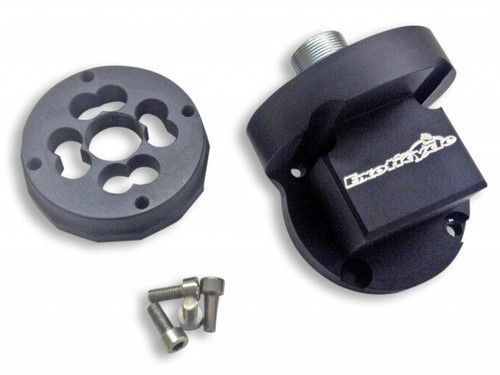 Exoticycle Oil Filter Relocator Kawasaki ZX14R and ZX10R, black oil filter relocation kit with mounting plate and hardware.