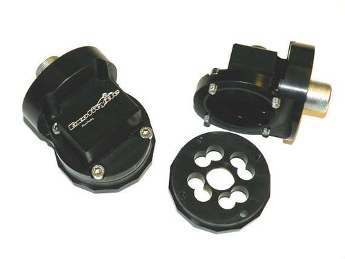 Exoticycle Oil Filter Relocator Kawasaki ZX14R (06-26), ZX10R (04-25), black metal engine part with mounting plate and adapter for motorcycle oil filter system. Loading Image