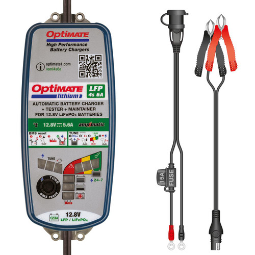 Tecmate Optimate Lithium 6 Amp Lithium Battery Charger, detailed view of the automatic battery charger with tester and maintainer for 12.8V LiFePO4 batteries.
