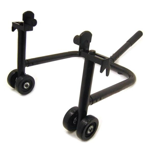 Motorsport Products Universal Rear Sport Bike Stand, black motorcycle lift stand with wheels for easy bike maintenance and storage.