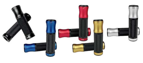 Driven D3 Grips, colorful motorcycle handlebar grips with textured black surface and metallic accents in black, blue, red, gold, and silver colors. Loading Image