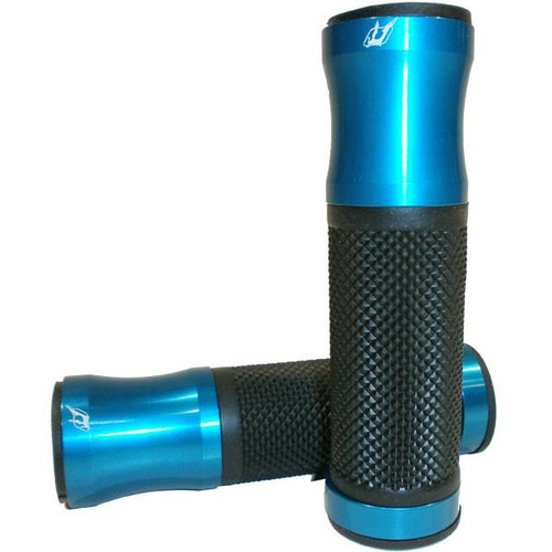 Driven D3 Grips, blue metallic BMX handlebar grips with knurled black rubber for enhanced grip and control. Driven D3 Grips, blue metallic BMX handlebar grips with knurled black rubber for enhanced grip and control.