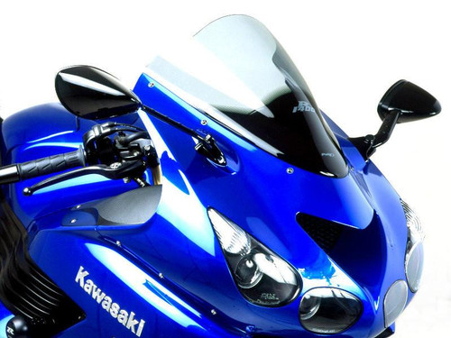 Puig Racing Windscreen Kawasaki ZX14R (06-26), close-up of a blue Kawasaki ZX14R motorcycle with a Puig racing windscreen, highlighting the aerodynamic design and sleek windshield. Loading Image