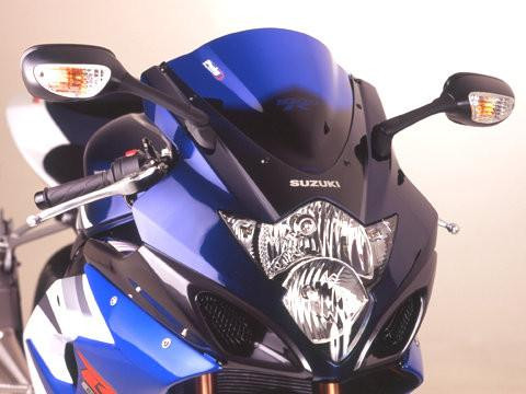 Puig Racing Windscreen Suzuki GSXR1000 (05-06), blue motorcycle windscreen mounted on a Suzuki GSXR1000 sportbike with front view showing the windscreen and headlight area.
